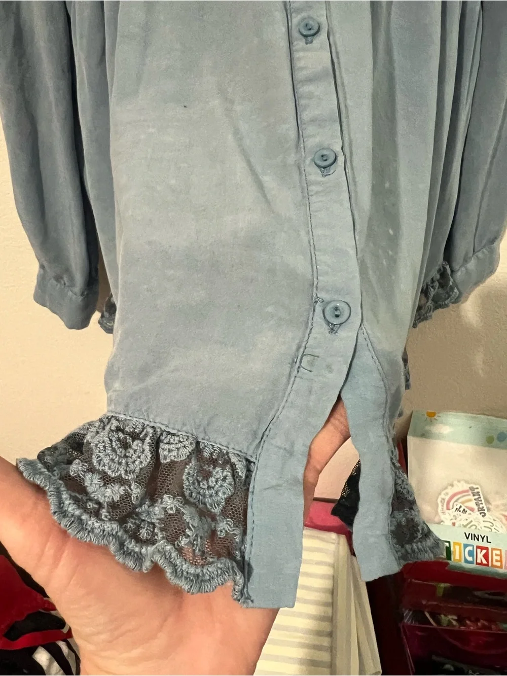 Umgee Dusty Blue Button-Front Baby doll Peplum Tunic with Lace Hem - Picture 6 of 16
